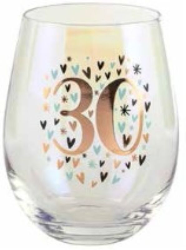 30th Rainbow Pastel Heart Stemless Wine Glass, 600ml, features vibrant heart design for elegant drinking and celebrations.