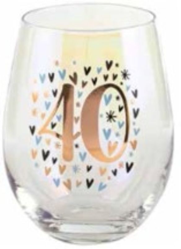 40th Rainbow Pastel Heart Stemless Wine Glass, 600ml, vibrant design perfect for celebrations and elegant gatherings.