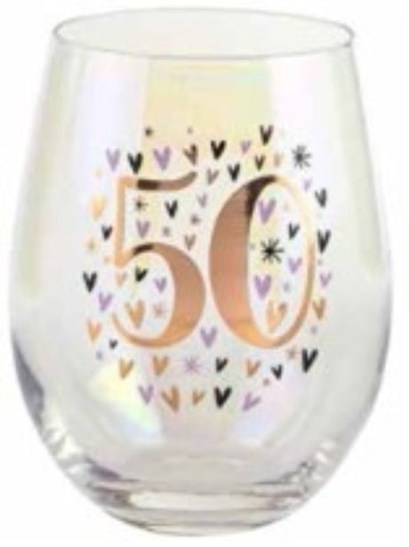 Vibrant 50th Rainbow Pastel Heart Stemless Wine Glass, 600ml, perfect for birthday celebrations and festive occasions.