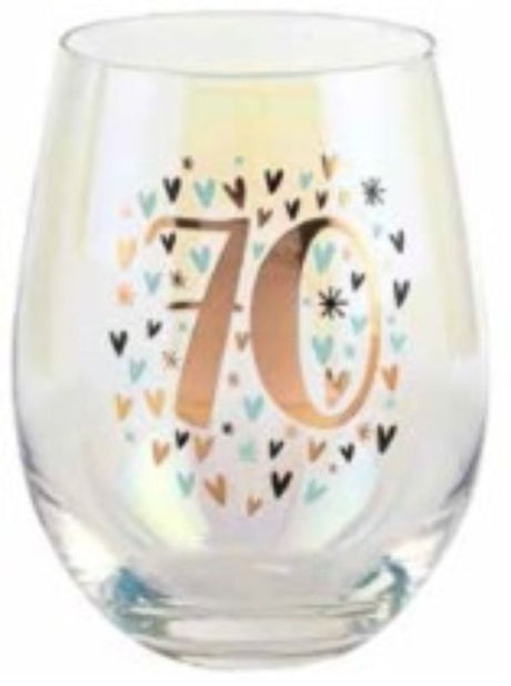 70th Rainbow Pastel Heart Stemless Wine Glass, 600ml capacity, features a vibrant heart design for festive celebrations.