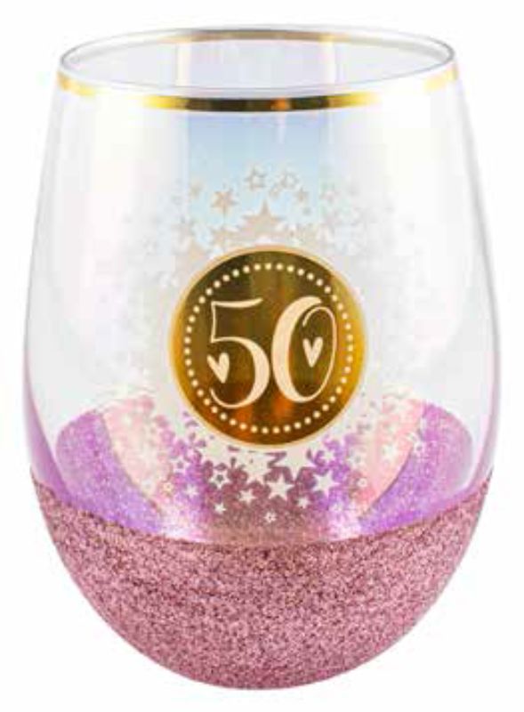 50th Glitterati Stemless 600ml glass with shimmering glitter finish, perfect for toasting at birthday celebrations.