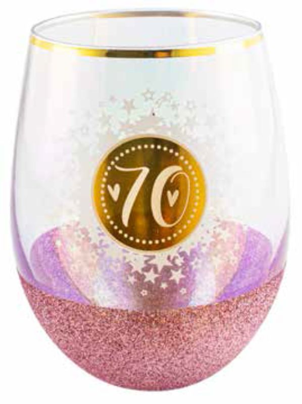 Elegant 70th Glitterati Stemless glass, 600ml, featuring vibrant glitter accents for celebrating special occasions.