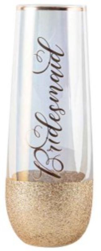 Stemless champagne glass with glitter finish, perfect for toasting bridesmaids at weddings or celebrations.