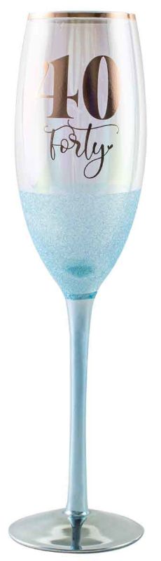 Elegant 150ml champagne glass with shimmering glitterati design, perfect for toasting at milestone 40th celebrations.