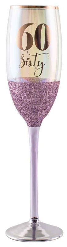 Glittery 60th champagne glass, 150ml, perfect for toasting milestone birthdays and special celebrations.