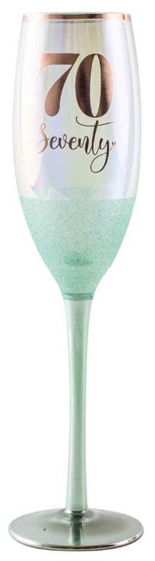 Elegant 70th Glitterati Champagne Glass (150ml) with dazzling glitter design, perfect for celebrating special moments.