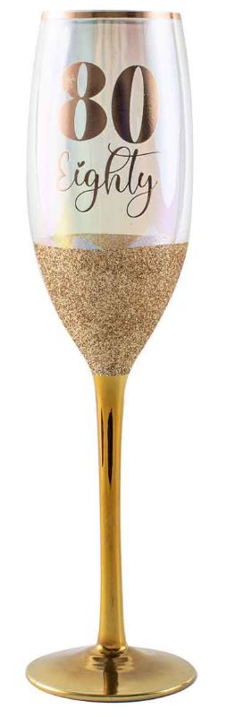 Elegant 150ml champagne glass with a glitterati finish, perfect for toasting at 80th birthday celebrations.