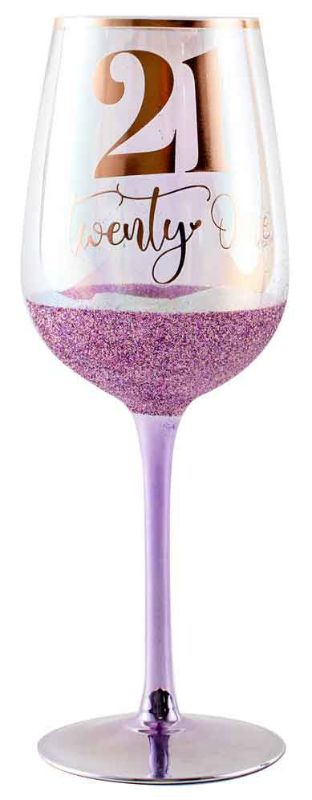 Elegant 21st Glitterati Wine Glass with 430ml capacity, featuring sparkling glitter for special celebrations and stylish occasions.