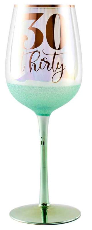 Glittery 30th wine glass (430ml) perfect for celebrations, combining elegance with playful design for wine lovers.