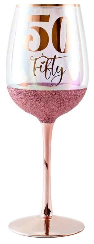 Elegant 50th Glitterati wine glass (430ml) with a dazzling glitter finish, perfect for milestone celebrations and gifts.