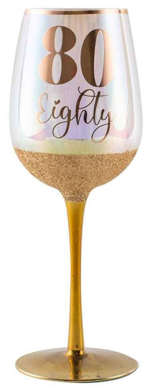 Elegant 80th Glitterati wine glass with 430ml capacity, adorned with glamorous glitter for a stylish celebration.