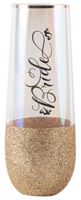 Stemless champagne glass with sparkling glitter design, perfect for bridal celebrations and stylish toasting moments.