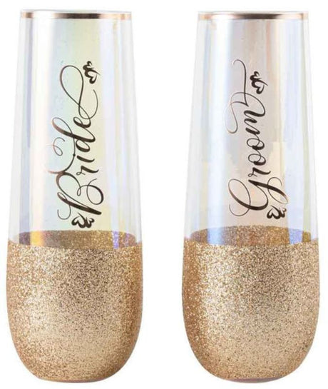 Set of 2 stemless champagne glasses with glitterati design, perfect for toasting at weddings and celebrations.