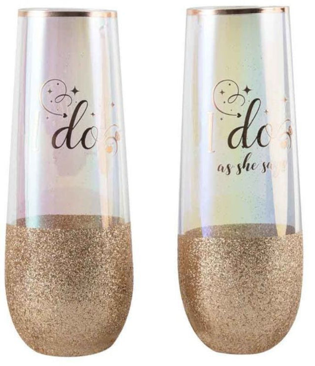 Elegant stemless champagne glasses with 'I Do Glitteratti' inscription, perfect for toasting at celebrations.