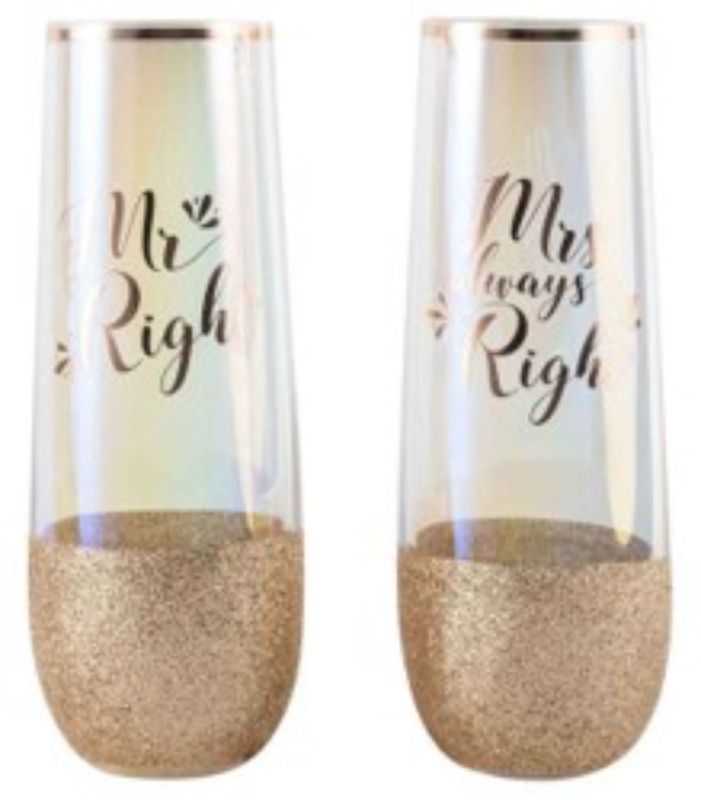 Elegant stemless champagne glasses set for couples, featuring 'Mr Right' and 'Mrs Right' in glittering detail.