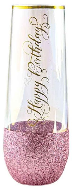 Stemless champagne glass with glitterati design, perfect for birthday celebrations and toasting special moments.