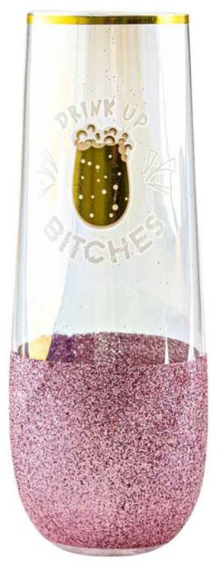 Stemless champagne glass with glitter accents, perfect for toasting at events and adding glamour to any celebration.