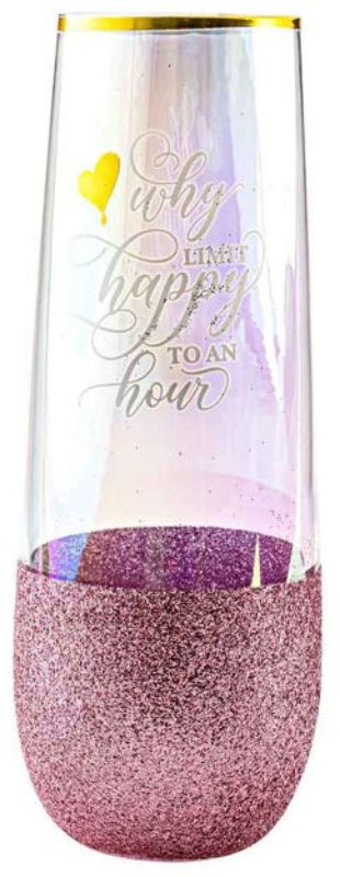 Elegant stemless champagne glass with glitter detail, perfect for toasting at any celebration or special occasion.