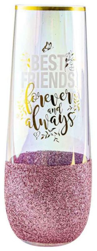 Chic stemless champagne flute with a glitter finish, perfect for toasting memorable moments with friends.