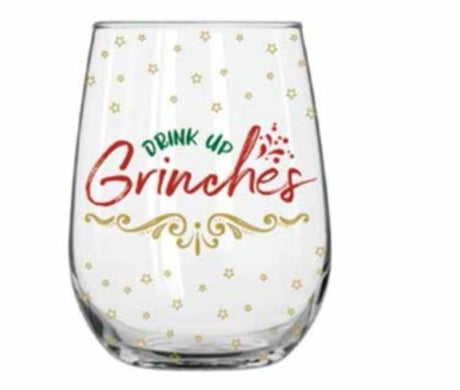 Stemless wine glass with festive "Drink Up Grinches" design, perfect for holiday gatherings and cozy evenings.