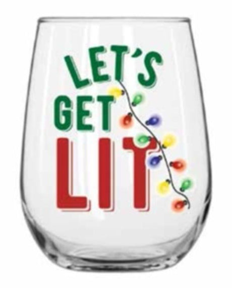 Stylish stemless wine glass with "Let's Get Lit" slogan, perfect for parties and outdoor events. Dishwasher safe and durable.