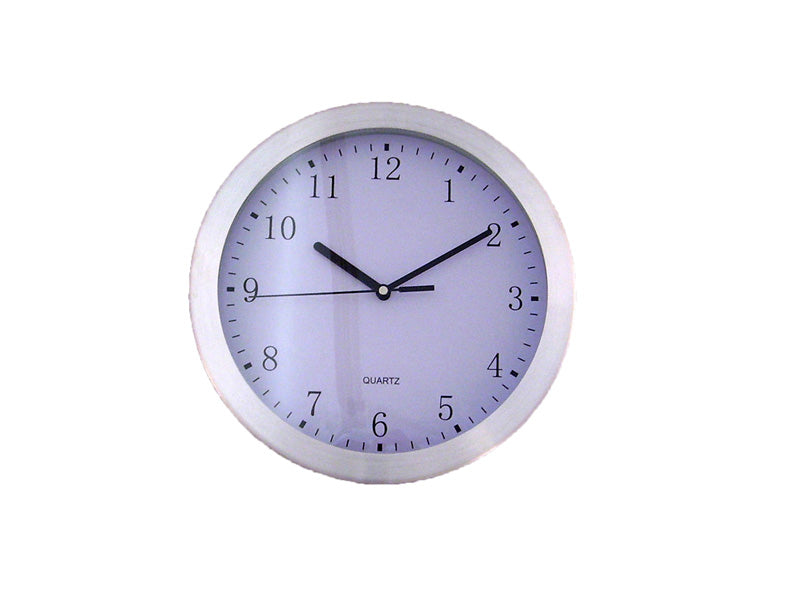 10-inch aluminium clock with a brushed rim, black numbers on white for easy readability, ideal for modern decor.