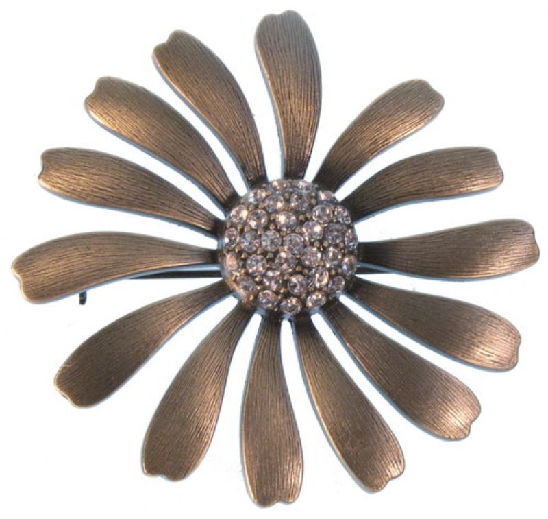 Clear large metal flower brooch with burnished gold plating, perfect for elevating any outfit with elegance.