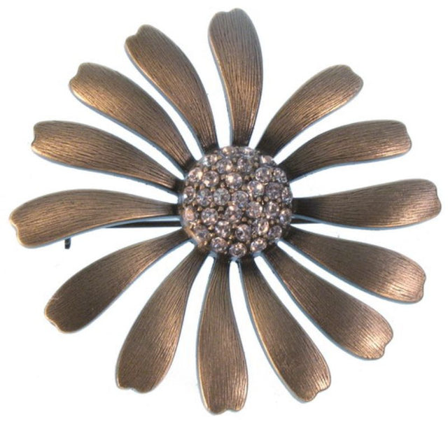 Clear large metal flower brooch with burnished gold plating, perfect for elevating any outfit with elegance.