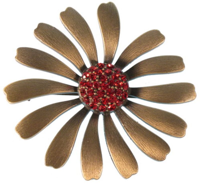 Large red metal flower brooch with burnished gold plating, ideal for enhancing outfits for any occasion.