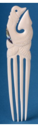 Large bone hook with Paua shell inlays, showcasing New Zealand's Kiwiana culture and unique craftsmanship.