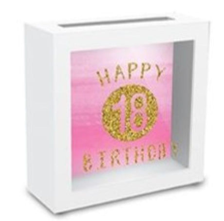 Gold glitter money box for 18th birthday celebrations, perfect for collecting gifts and wishes in style.