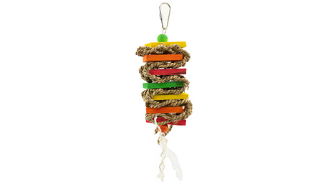 Colorful grass woven stack bird toy for medium parrots, promoting beak exercise and playful engagement. Dimensions: 19cm.