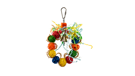 Colorful braided wreath with vine balls and bell, designed for small birds to nibble, perch, and play. Perfect cage toy.