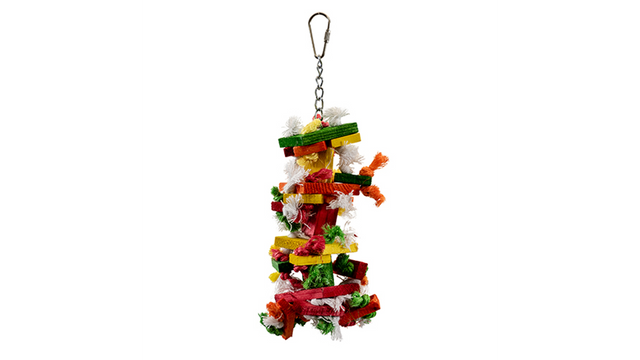 Eco Bird Toy - Knots 'n Blocks: 25cm vibrant, eco-friendly toy for parrots with wood chunks and cotton knots for chewing.