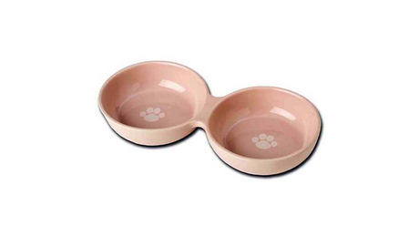 Pink Wubby's Duo Diner cat bowl, 25cm, features dual bowls, 250mL capacity, 4cm depth to prevent spills, and stylish design.