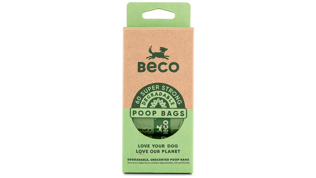 Eco-friendly Beco Degradable Bags travel pack with 60 extra-large, strong pet waste bags in recycled paper packaging.