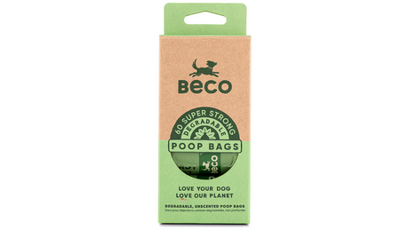 Eco-friendly Beco Degradable Bags travel pack with 60 extra-large, strong pet waste bags in recycled paper packaging.