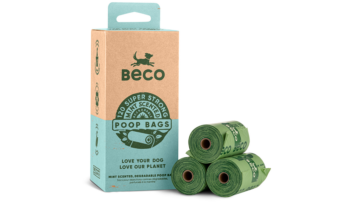 Eco-friendly mint-scented degradable bags for pet waste, extra-thick, 22x33 cm, 120 bags on recycled paper core.