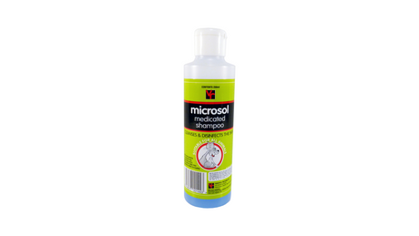 Microsol Medicated Shampoo in a 250ml bottle, designed to cleanse and disinfect pet skin, effective against bacteria and fungi.