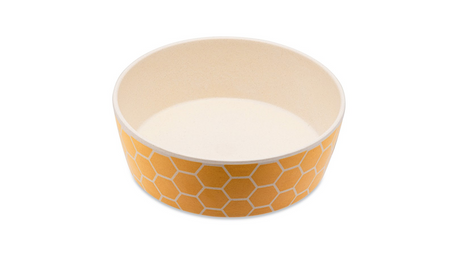 Eco-friendly small dog bowl made from bamboo, corn, and rice husks; supports bee preservation and complements home decor.