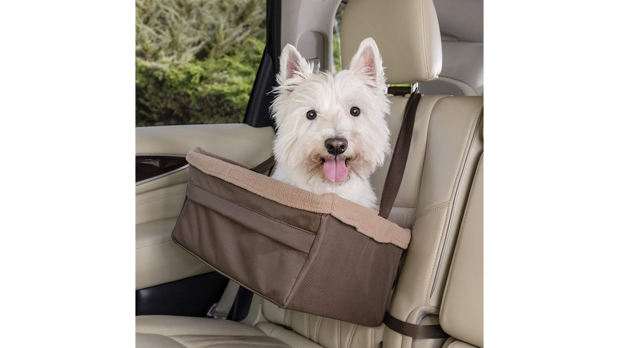 "Pet Booster Seat - Happy Ride: Comfortable and safe travel seat for dogs up to 11kg, offering unobstructed views."