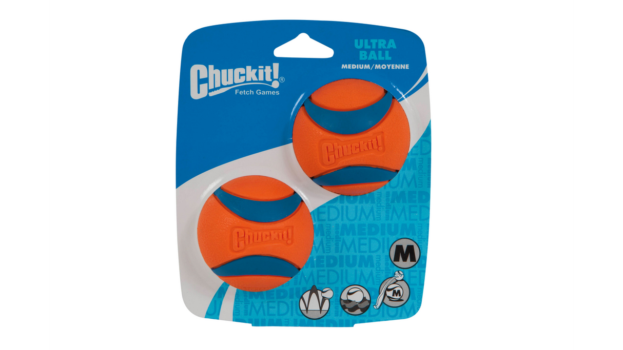 Brightly colored Chuckit! Ultra Ball Med (2 Pack) for high-bounce fetch; floats for water play, durable and gentle on dogs' mouths.