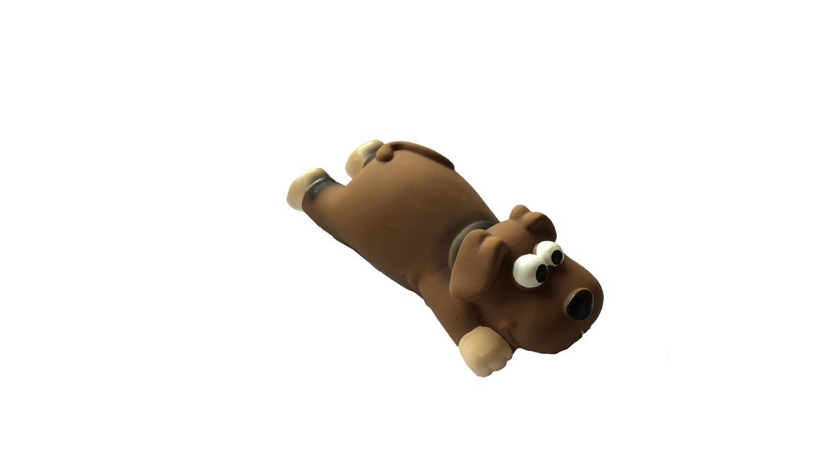 Latex dog toy in the shape of a crawling dog, features a grunting sound, 16cm, safe, lightweight, and colorful for fun play.