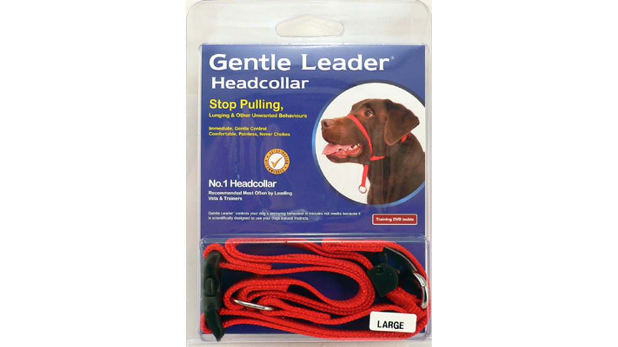 Gentle Leader Large Dog Head Collar in red, designed for large breeds, provides gentle control for better walking experiences.