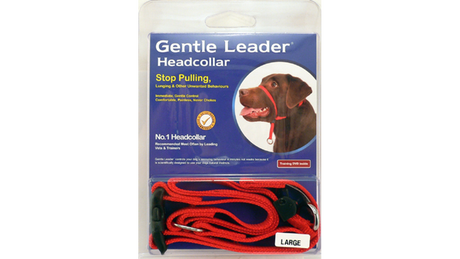 Gentle Leader Large Dog Head Collar in red, designed for large breeds, provides gentle control for better walking experiences.