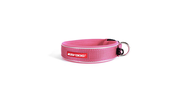 Soft pink neoprene dog collar with reflective piping, quick-release buckle, and rust-resistant D-Ring for comfort and safety.