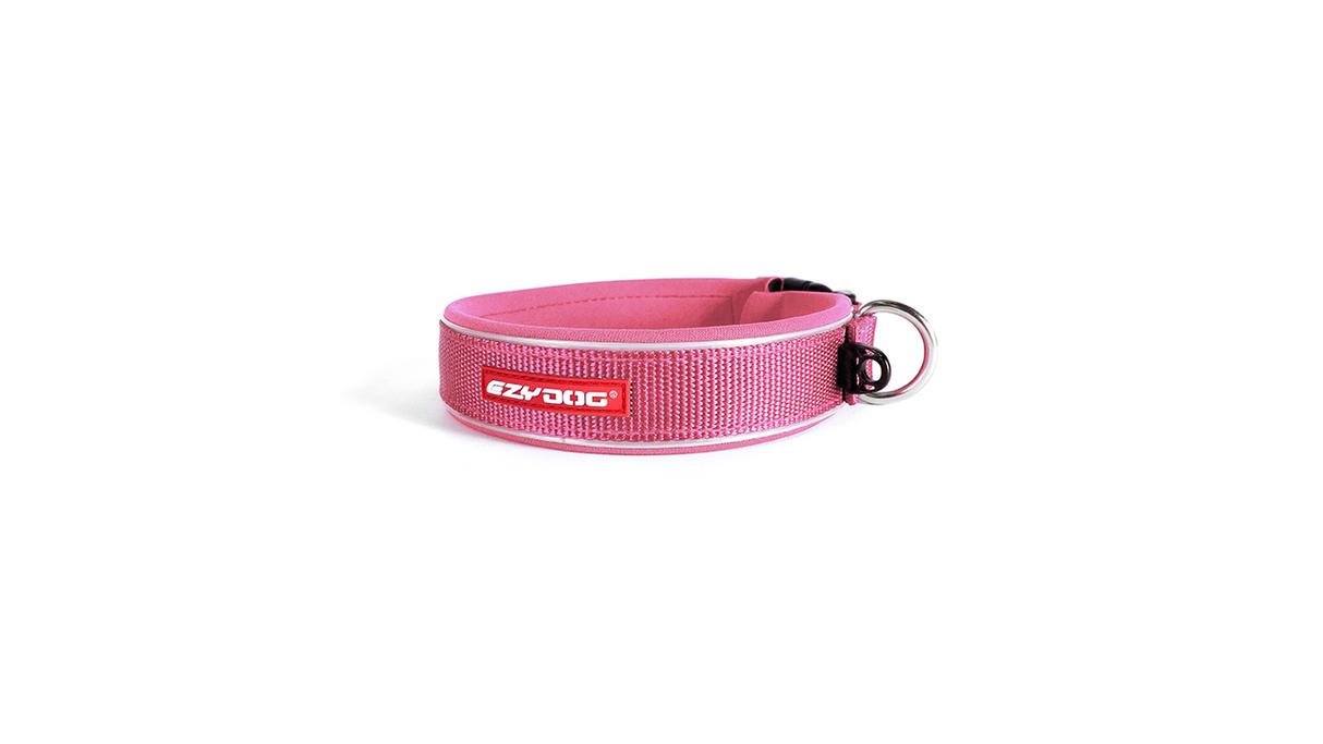 Vibrant pink ED Dog Collar - Neo Classic XL, made from soft neoprene, waterproof, with reflective piping for safety.