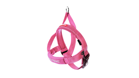 Pink dog harness designed for comfort, featuring Quick Fit design, reflective stitching, and secure leash attachment for small dogs.