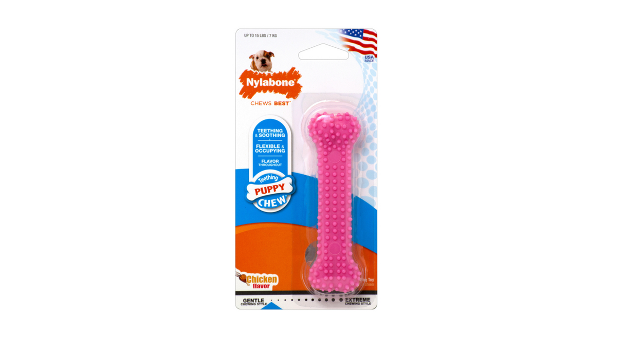 Soft pink puppy dental chew with nubs for cleaning teeth, soothing gums, and satisfying natural chewing instincts.