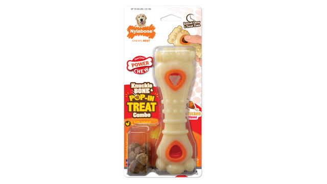 Durable large nylon chew toy shaped like a knuckle bone, infused with chicken flavor, promoting dental hygiene for aggressive chewers.